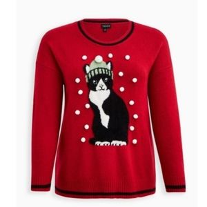 Torrid Sweater Christmas Red with Cat Graphic Size 0 Large 12 NWT